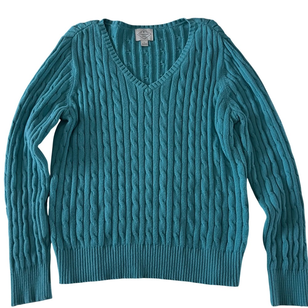 St Johns Bay Teal Cable Knit V Neck Sweater Women's Size L Cotton Nylon